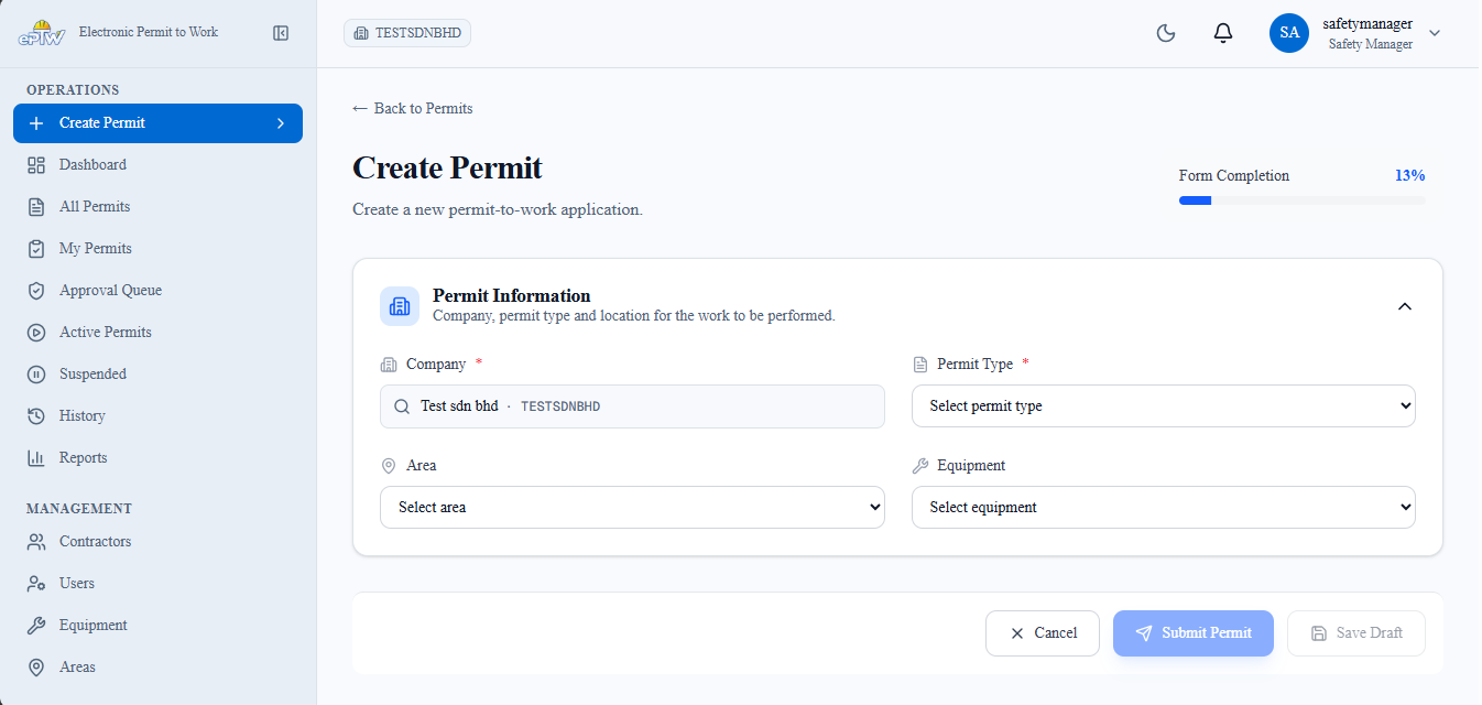 ePTW digital Permit to Work dashboard