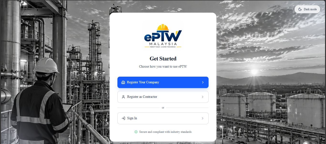 ePTW digital Permit to Work login screen